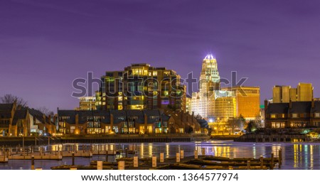A View Of Downtown Buffalo New York skyline from Different perspective. Erie Basin Marina A View Of Downtown Buffalo New York from Erie Basin Marina locating on Buffalo Outer harbor long exposure.