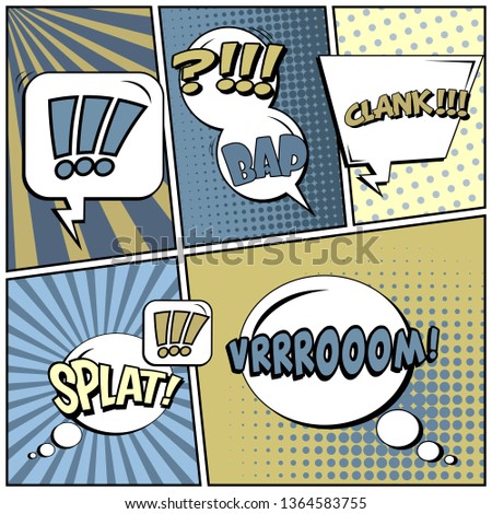 Abstract creative concept comic pop art style blank, layout template with clouds beams and isolated dots background. For sale banner, empty speech bubble set, illustration halftone book design.