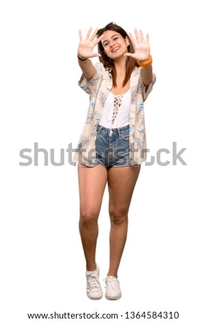 Full-length shot of Young woman in bikini in summer holidays counting ten with fingers over isolated white background