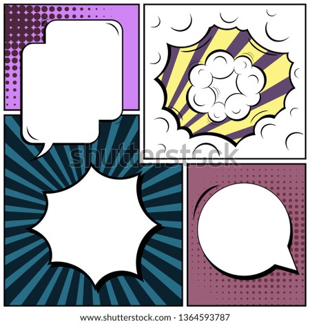 Abstract creative concept comic pop art style blank, layout template with clouds beams and isolated dots background. For sale banner, empty speech bubble set, illustration halftone book design.