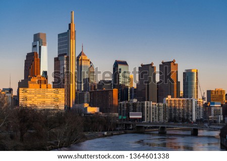 Philadelphia Skylines building sunset.