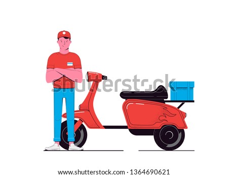 Delivery concept illustration. Courier and scooter with a cargo isolated on a white background. Food service. Vector illustration