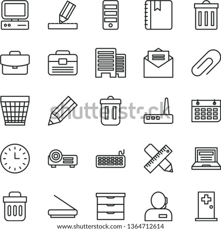 thin line vector icon set - laptop vector, clip, wicker pot, bin, storage unit, portfolio, buildings, writing accessories, drawing, received letter, notebook, suitcase, pencil, dispatcher, watch