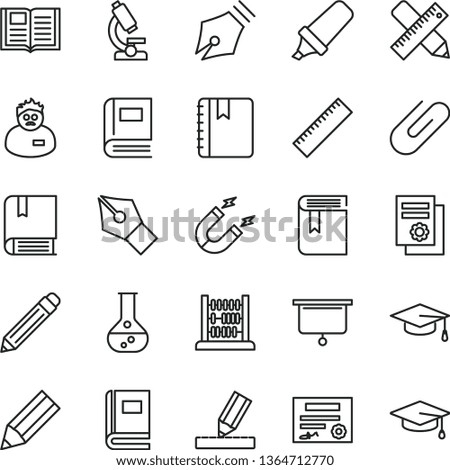 thin line vector icon set - graphite pencil vector, yardstick, book, e, abacus, writing accessories, drawing, notebook, clip, flask, magnet, text highlighter, scientific publication, microscope