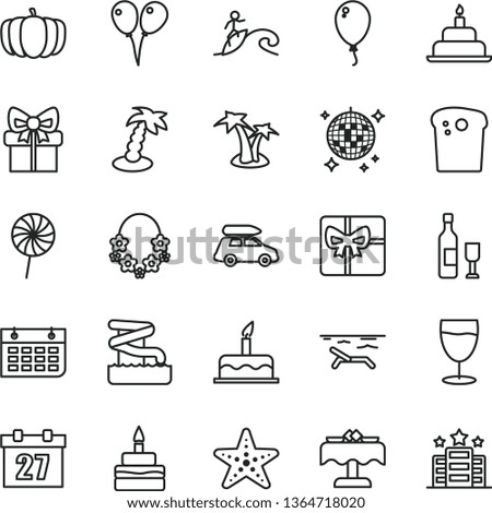 thin line vector icon set - daily calendar vector, colored air balloons, balloon, cake, birthday, Easter, lollipop, glass, pumpkin, wall, gift, giftbox, wine, car baggage, beach, palm tree, aquapark