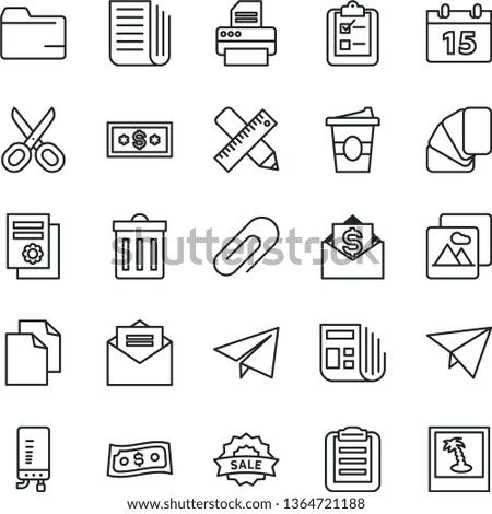 thin line vector icon set - scissors vector, clip, bin, paper airplane, clean, folder, sample of colour, writing accessories, electronic boiler, calendar, received letter, picture, survey, morning