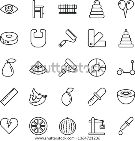 thin line vector icon set - yardstick vector, bib, stacking rings, toy, a chair for feeding, colored air balloons, Kick scooter, new roller, paint, color samples, broken heart, eye, cake with hole