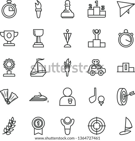 thin line vector icon set - stopwatch vector, motor vehicle present, pedestal, flame torch, winner, laurel branch, podium, prize, cup, gold, pawn, man with medal, pennant, purpose, aim, sail boat