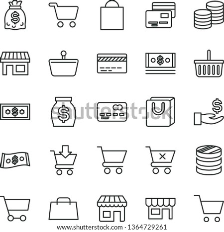 thin line vector icon set - paper bag vector, grocery basket, bank card, cart, put in, crossed, with handles, cards, kiosk, coins, stall, shopping, front of the, column, get a wage, money, dollars