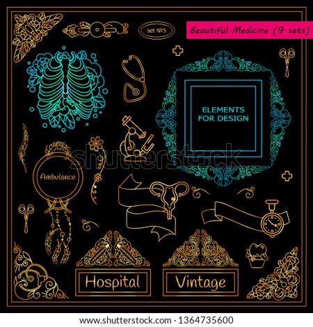 Vector collection of medical elements, signs and symbols in premium gold style. Template for doctor tattoo, jewelry, paper page and web design in clinic, ambulance and medical care