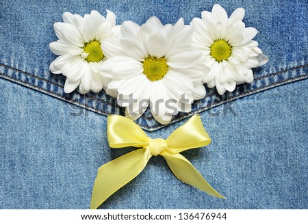 White daisies on blue denim background