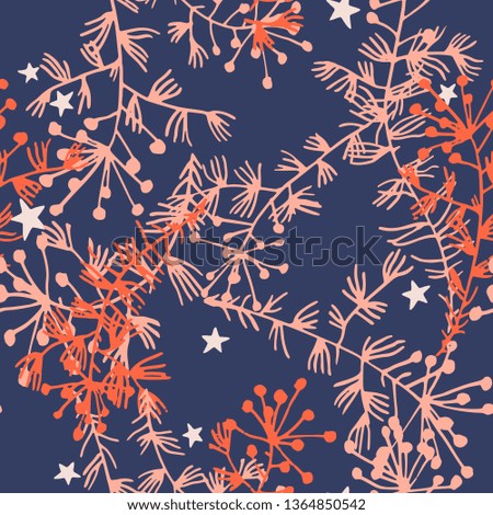 Vector botanical seamless pattern. Plane field herbs, stems and stars. Delicate floral background for fabric, textile, fashion design, surface or wrapping.