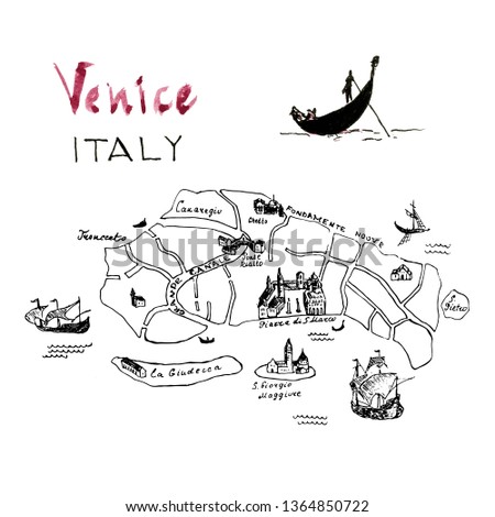 Venice map hand drawn illustration. Floating gondola with gondolier on canal. Black ink pen sketch. City architecture. Freehand contour drawing. Cityscape graphic composition.