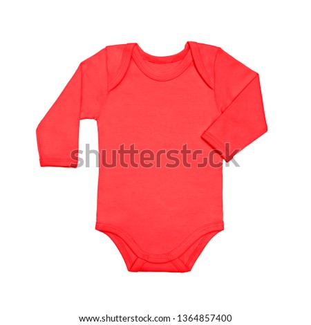 Coral red baby shirt bodysuit with long sleeve isolated on a white background. Mock up for design and placement of logos. Copy space for text or pictures.