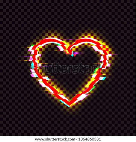 Shining Heart Icon, Glitch Effect, Red Bright Luminous Sign Isolated on Dark Transparent Background.