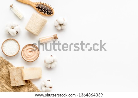 Spa set with eco materials for organic treatment on white background top view space for text