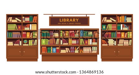 Education and knowledge library book shelves wooden furniture vector bookcase textbooks and novel volumes literature and science university or college studying and learning isolated indoor objects. Royalty-Free Stock Photo #1364869136