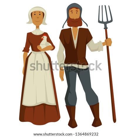 Medieval peasants family man and woman isolated characters vector wife in dress and apron holds chicken or hen and husband with forks ancient farmers or agricultural workers villagers or rural people. Royalty-Free Stock Photo #1364869232