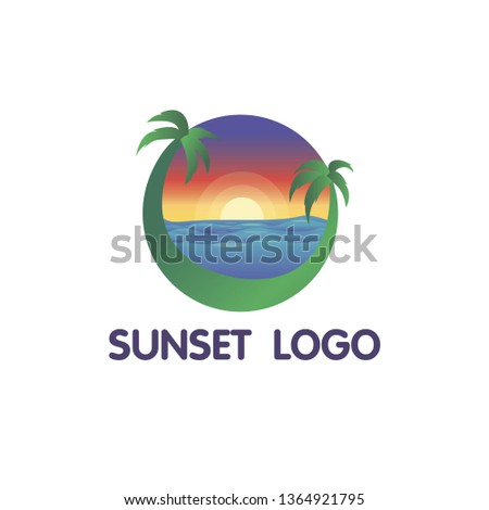 Travel logo; Sunset. Vector resort logo with beach and coconut palms