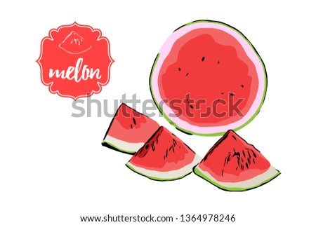 Three cartoon hand drawn melon pieces and half of watermelon isolated on white background. Melon retro store label badge. Business fruit red vintage sticker. Summer berry illustration for web, print.
