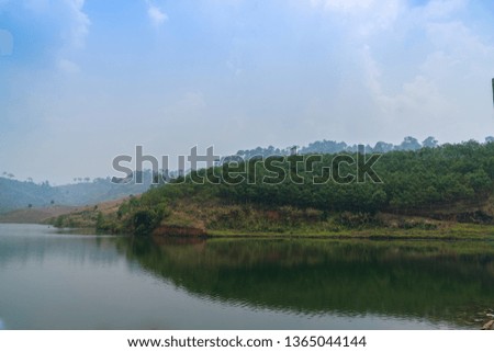 Landscape view of mountains and lake with reflection in the water