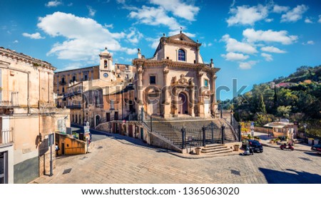Sunny spring cityscape of Ragusa town with Church Holy Souls in Purgatory. Captivating morning scene of Sicily, Italy, Europe. Traveling concept background.