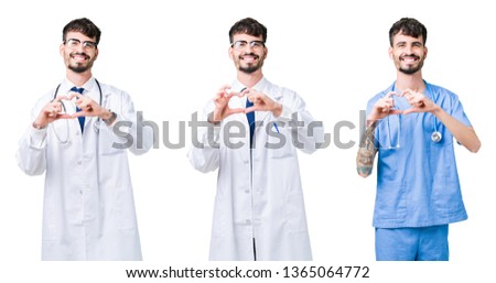 Collage of doctor man wearing medical coat over isolated background smiling in love showing heart symbol and shape with hands. Romantic concept.