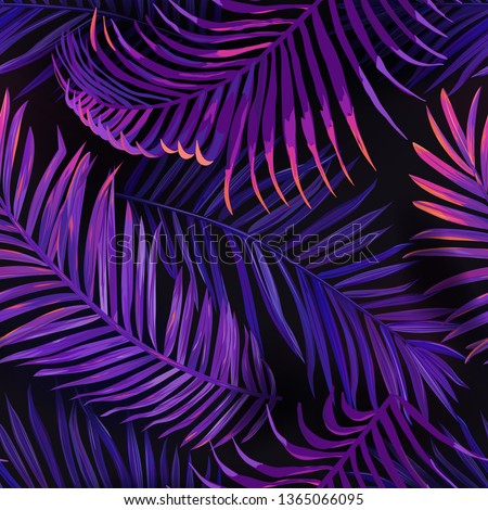 Tropical Neon Palm Leaves Seamless Pattern. Jungle Purple Colored Floral Background. Summer Exotic Botanical Foliage  Design with Tropic Plants for Fabric, Fashion Textile, Wallpaper. Vector