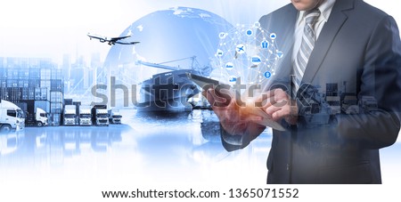 Multiple exposures of Businessman touching tablet for analyze stock at logistics port and world map with Delivery network distribution on background, transportation trading business concept, 