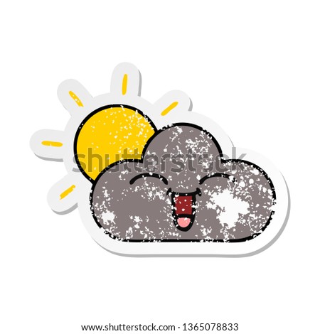 distressed sticker of a cute cartoon storm cloud and sun