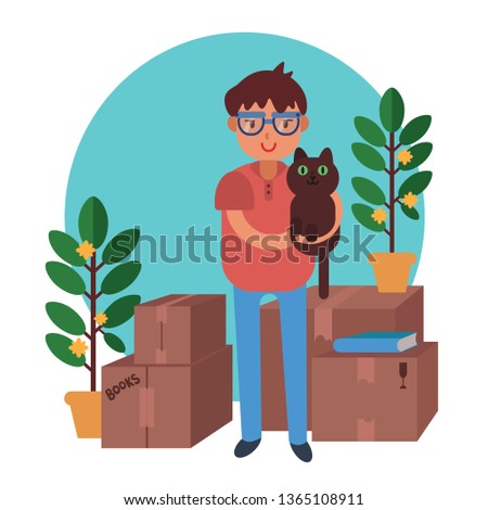 Happy young male student packing stuff to move to new house or apartment. a young male  holding boxes, carriage with cat and houseplant. 
Colorful vector illustration in flat style.