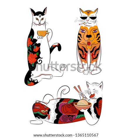 cats eat smoke drink tea with Japanese tattoo. Outline print on white background