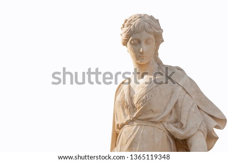 The goddess of love in Greek mythology, Aphrodite (Venus in Roman mythology) Fragment of antique statue isolated on white background. Free space for designer.