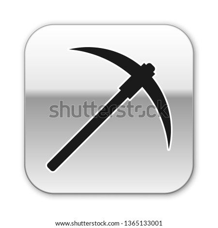 Black Pickaxe icon isolated on white background. Blockchain technology, cryptocurrency mining, bitcoin, digital money market, cryptocoin wallet. Silver square button. Vector Illustration
