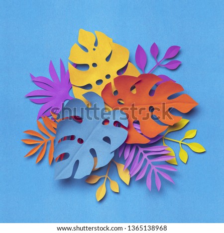 3d render, colorful tropical paper leaves, bouquet, neon botanical background, jungle nature, bright yellow blue orange colors