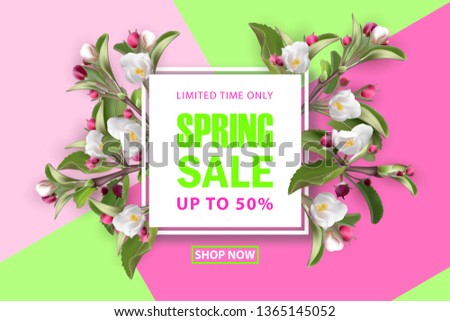 Spring sale square banner with sakura. 3d realistic branches, green leafs, fresh pink flowers. Blank template, vector mockup for web site banner, ads, booklet, poster, flyer. Special discount 50 % off