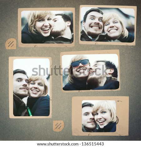 Photo collage vintage album couple in love smiling laughing and posing man and woman