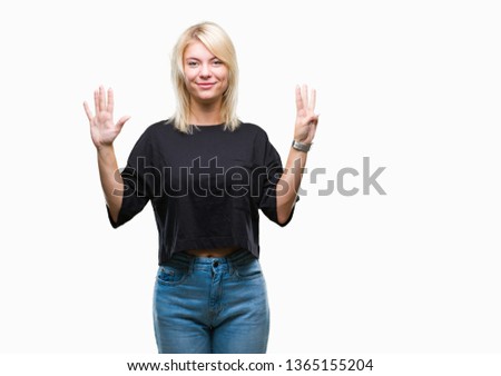 Young beautiful blonde woman over isolated background showing and pointing up with fingers number eight while smiling confident and happy.