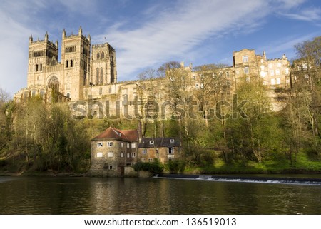 Durham cathedral above the old fulling mill on the river wear in spring sunshine