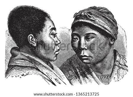 Native Siberians which is an ancient people native to the area of Siberia, vintage line drawing or engraving illustration.