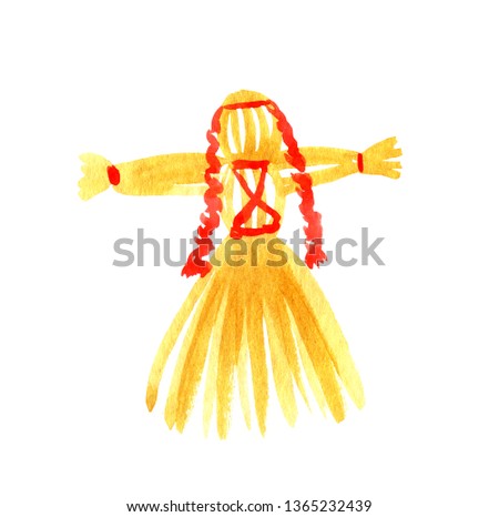 Straw doll woman. Hand drawn watercolor illustration straw toys of hay. 