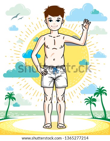 Cute little teenager boy standing in colorful stylish beach shorts. Vector pretty nice human illustration. Childhood lifestyle clip art.