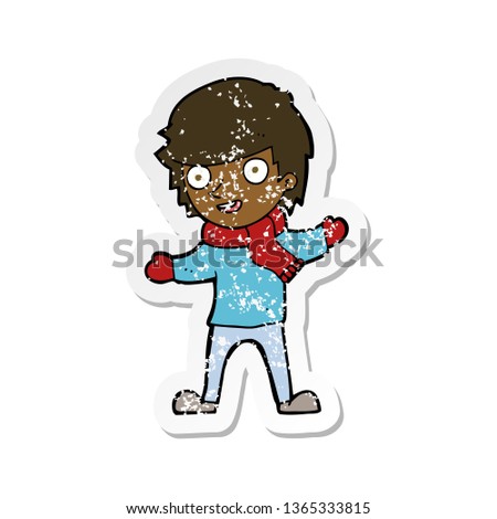 retro distressed sticker of a cartoon boy in winter clothes