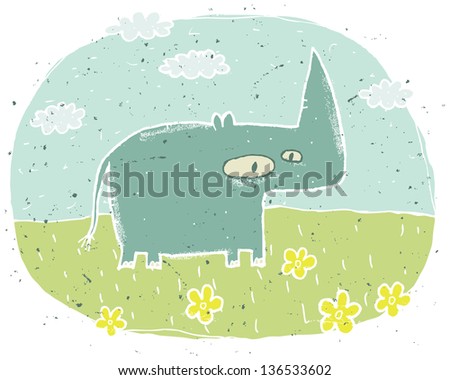 Hand drawn grunge illustration of cute rhino on background with flowers and clouds.  (for vector see image 113449594)
