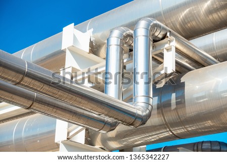 Air Chiller Pipeline and HVAC System of Department Store,  Overhead Building Structure of Air Conditioning Chiller Pipe and Outlet Cooling Systems. Insulation Cover for Piping of Industrail Equipment  Royalty-Free Stock Photo #1365342227
