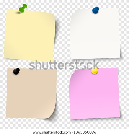 illustration of an collection of different sticky papers with pin needle or adhesive stripes office accessories with transparency effect in vector file