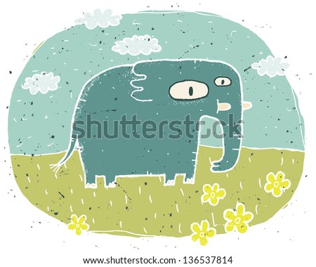 Hand drawn grunge illustration of cute elephant on background with flowers and clouds. (for vector see image 113381095)