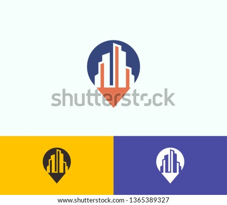 City location Logo. Vector design of Real Estate icons - Skyline - Construction - Buildings with modern clean lines, GPS Locator Vector Logo