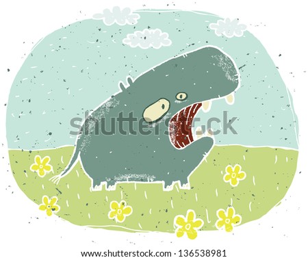 Hand drawn grunge illustration of cute hippo on background with flowers and clouds. (for vector see image 113531344)