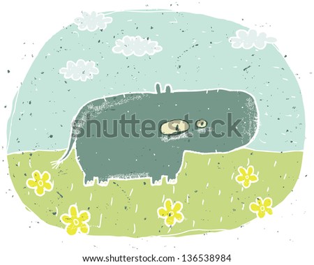 Hand drawn grunge illustration of cute hippo on background with flowers and clouds. (for vector see image 113531335)
